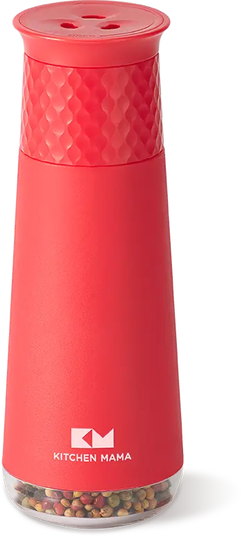Red Kitchen Mama spice grinder with a textured top and transparent base showcasing colorful pepper corns inside.