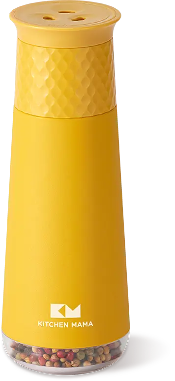 Yellow Kitchen Mama spice grinder with a textured top and transparent base showcasing colorful pepper corns inside.