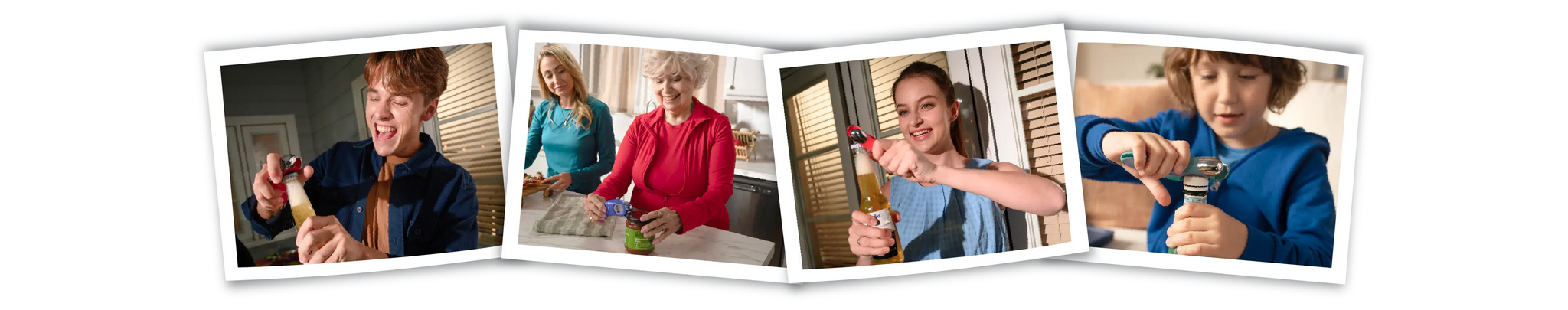 Four images depict people using various bottle openers, showcasing different styles and techniques in a kitchen setting.