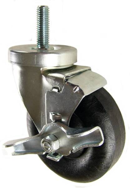 4" x 1-1/4" High Temp Round Tread Wheel Swivel Caster with 1/2" Threaded Stem & Brake (1-1/2" Stem Length) - 350 Lbs Capacity