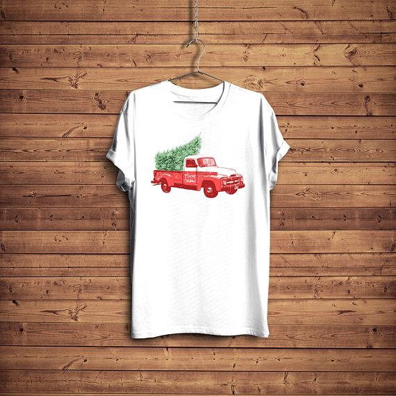 Merry Christmas Vintage Truck With Christmas Tree T Shirt Old Red Truck Christmas Shirt Cute Christmas Gift Retro Car With Tree Shirt