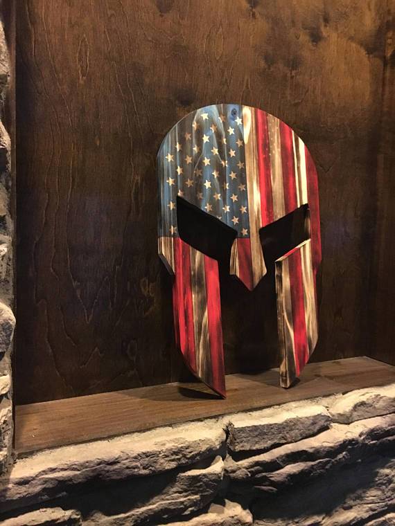 Wood Spartan Helmet Man Cave Decor Wood American Flag Rustic Wal Onlineamericanstore