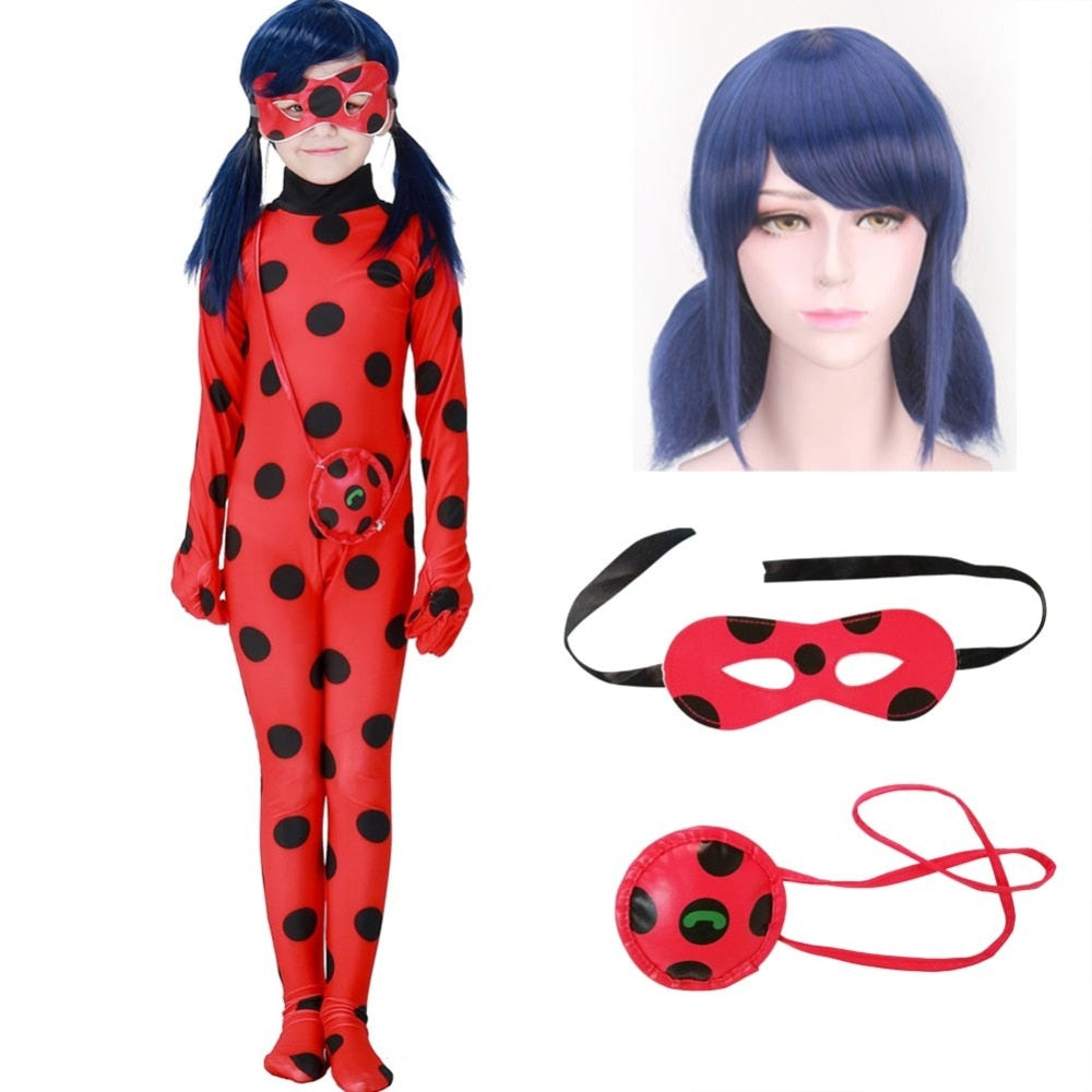 Fantasia Kids Adult Lady Bug Costumes Girls Women Child Spandex Ladybug Costume Jumpsuit Fancy Halloween Cosplay Marinette Wig