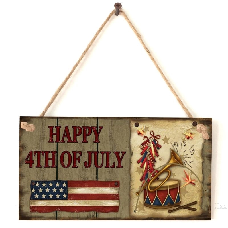 Vintage Wooden Hanging Plaque Happy 4th Of July Sign Board Wall Door Home Decoration Independence Day Party Gift