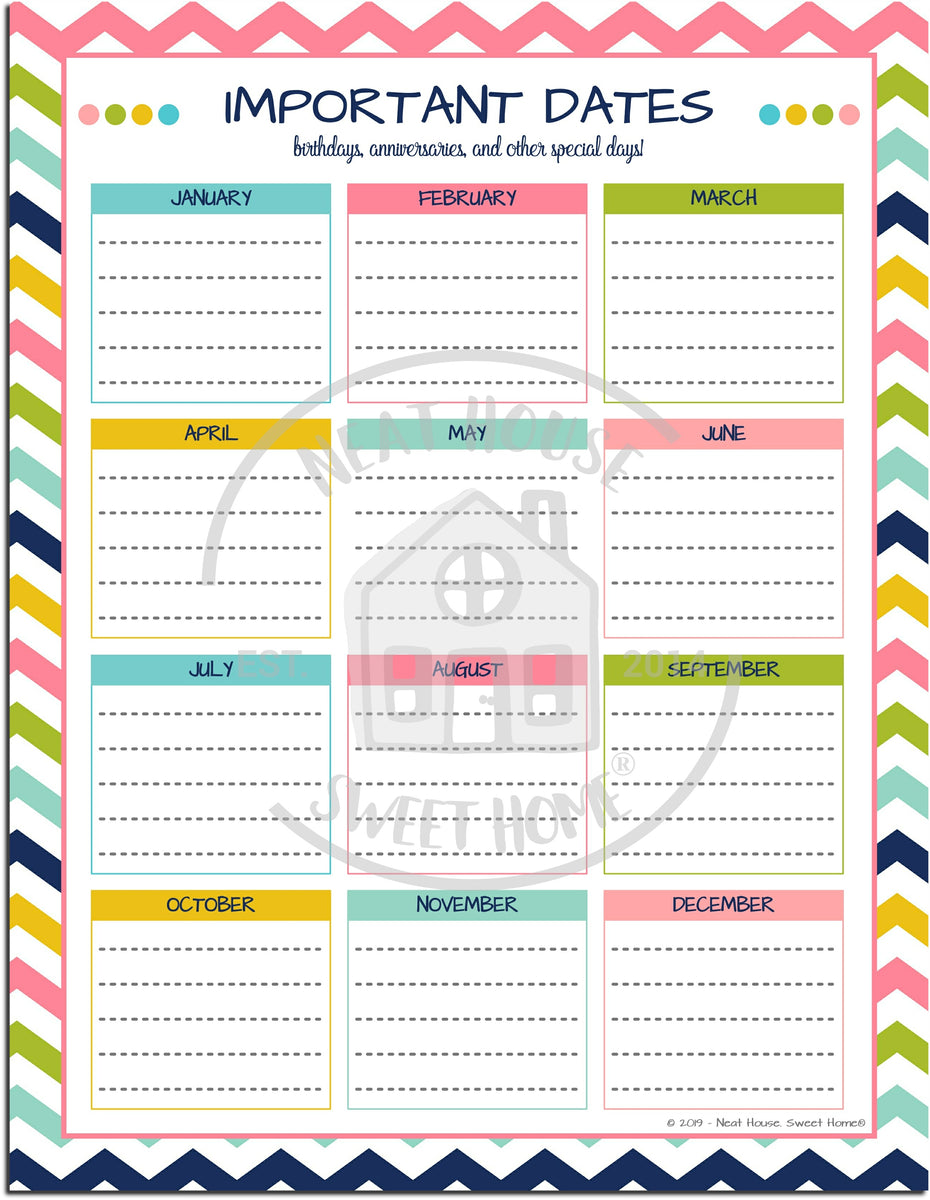 Important and Special Dates Template Instant Download The Neat