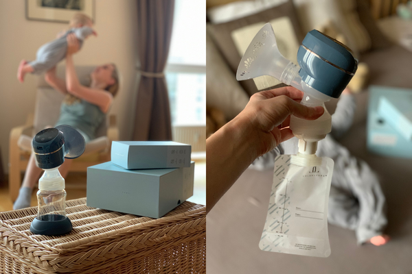 Lola&Lykke Smart Electric Breast Pump prominently displayed with a mother and baby playing in the background