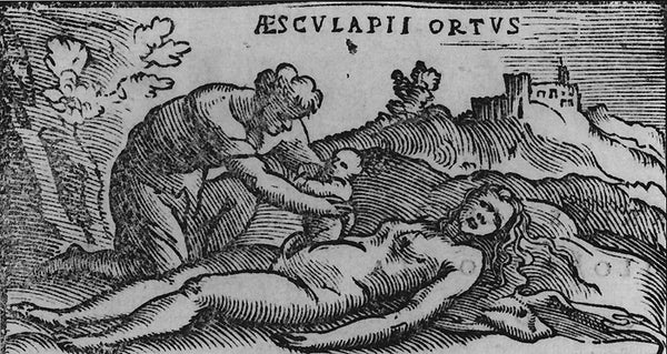 A woodcut from the 1549 edition, symbolizing the ancient concept of birth by Caesarean section