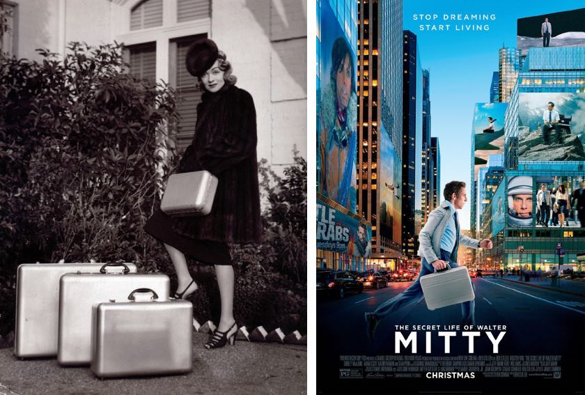 Left - Marlene Dietrich with Halliburton Luggage, Right - Movie poster for The Life of Walter Mitty