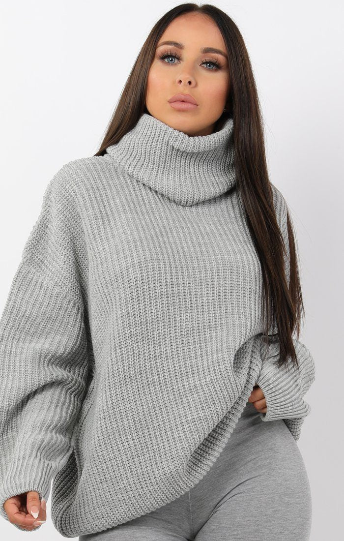 Grey Knitted Oversized Polo Neck Jumper Knitwear Femme Luxe