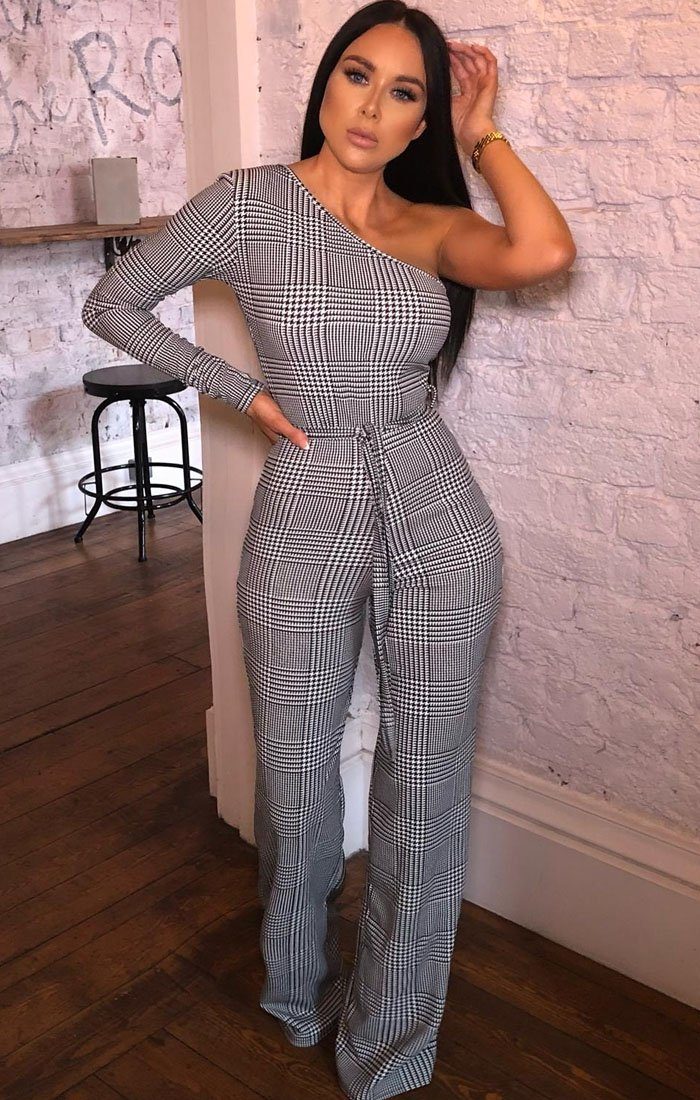 belted one shoulder jumpsuit