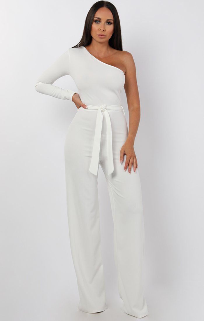 belted one shoulder jumpsuit