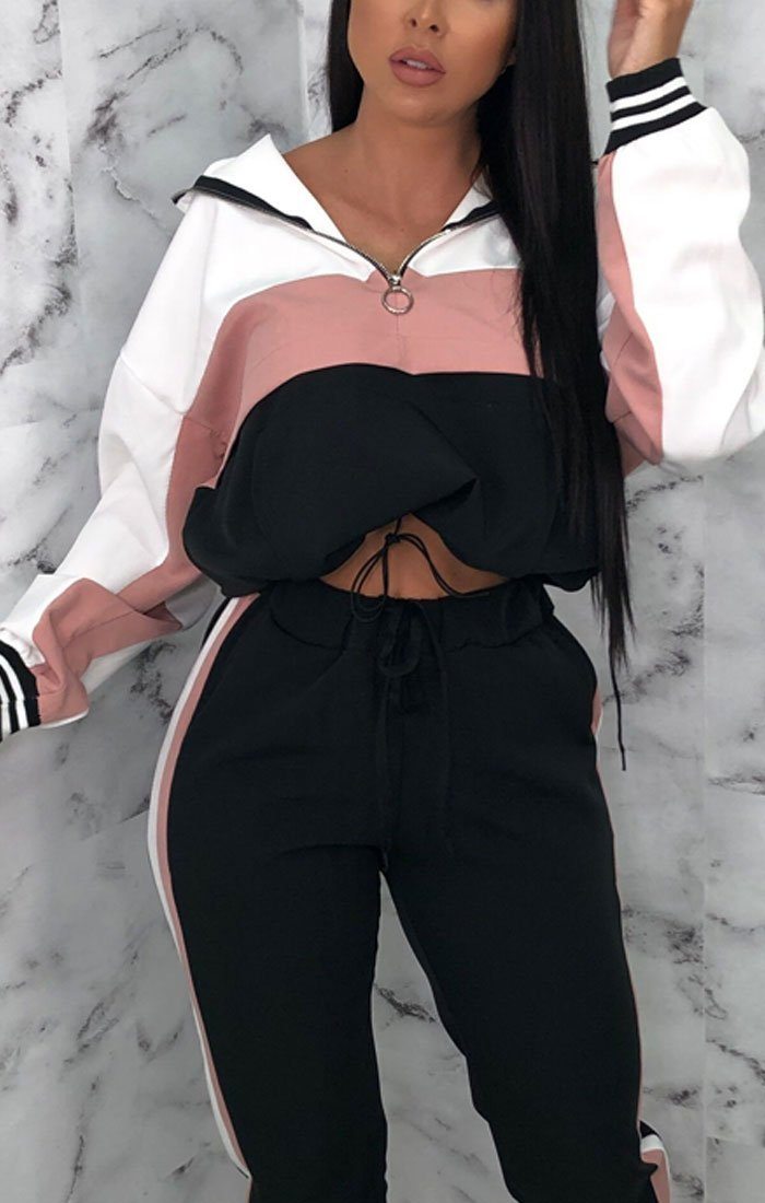 pink black and white tracksuit