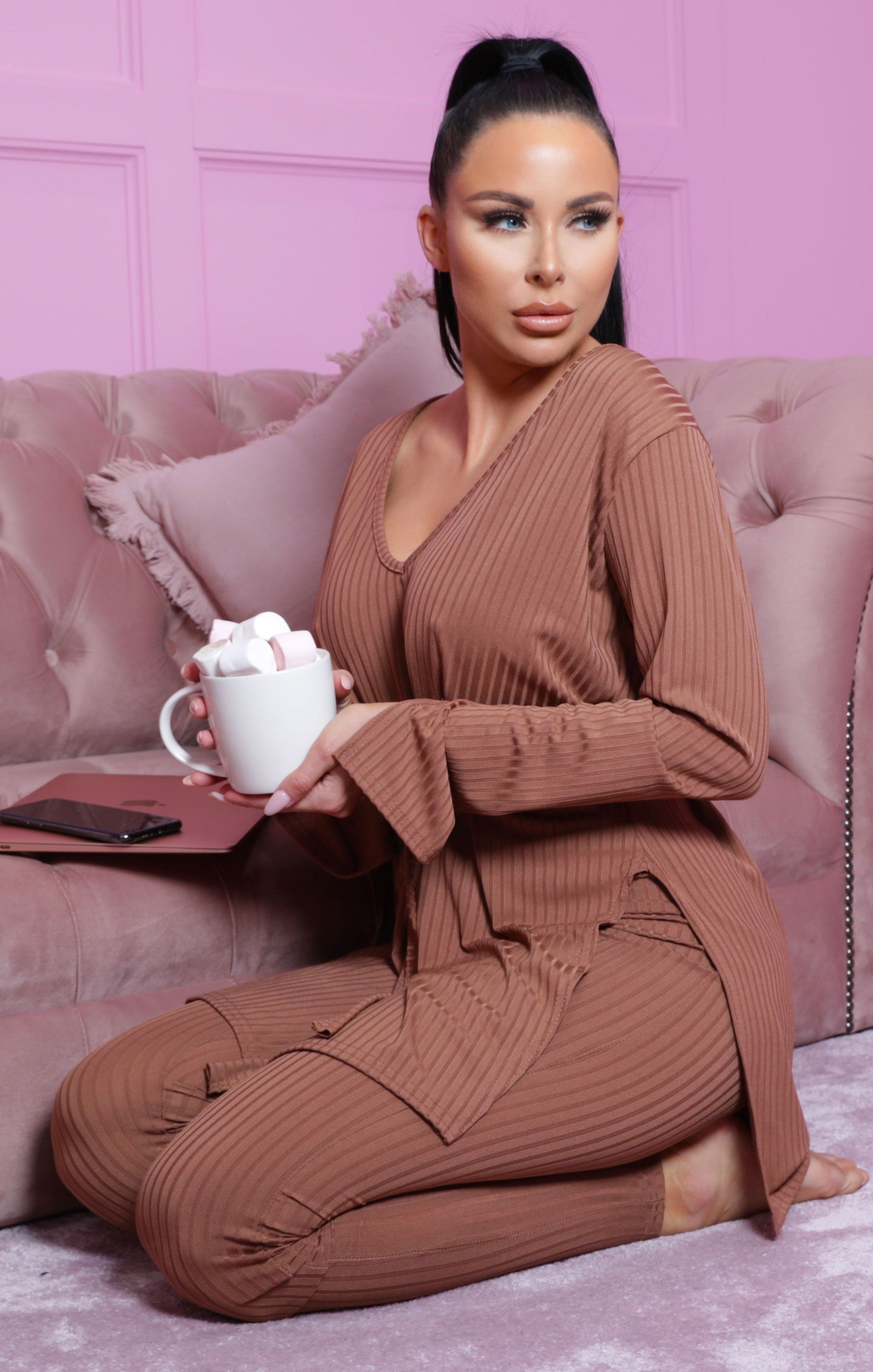 Brown Ribbed belted Loungewear Set | Lounge Wear | Femme Luxe