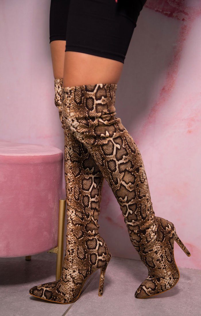 thigh high snake print boots