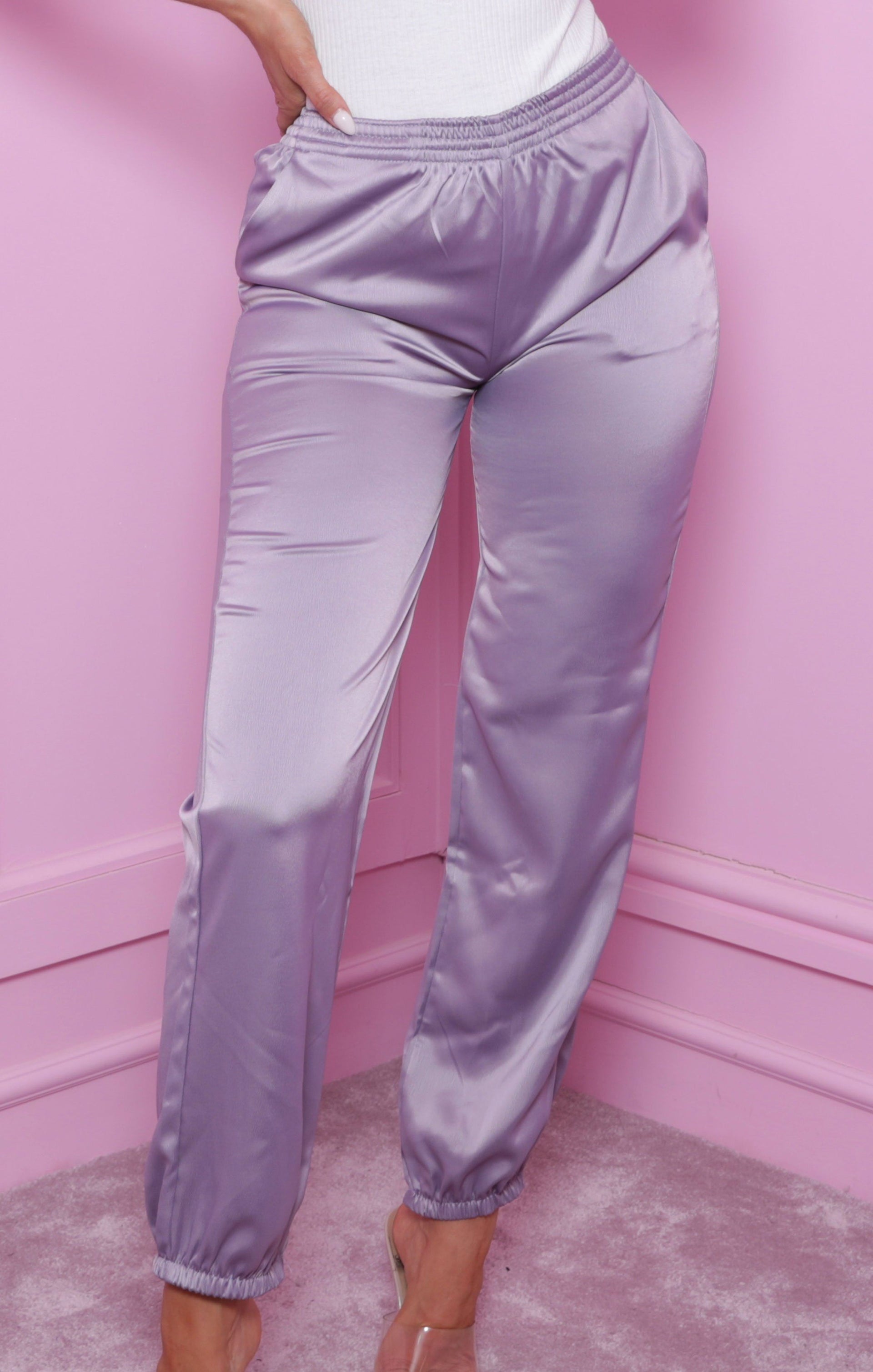 purple satin joggers