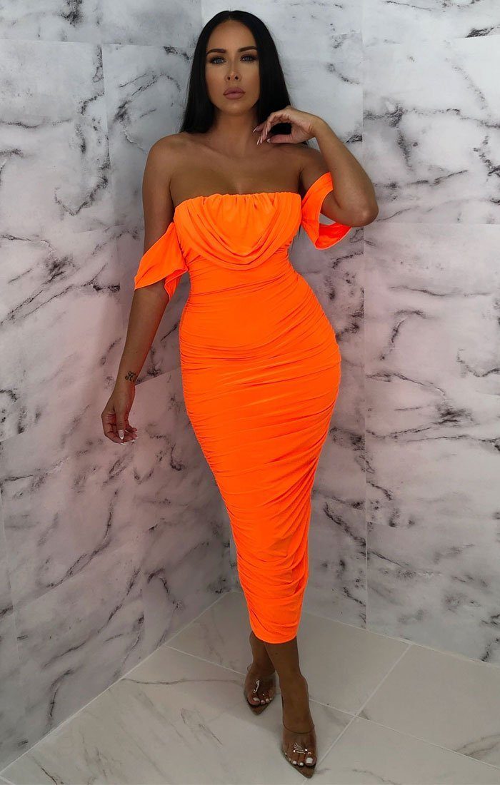 orange bardot midi dress