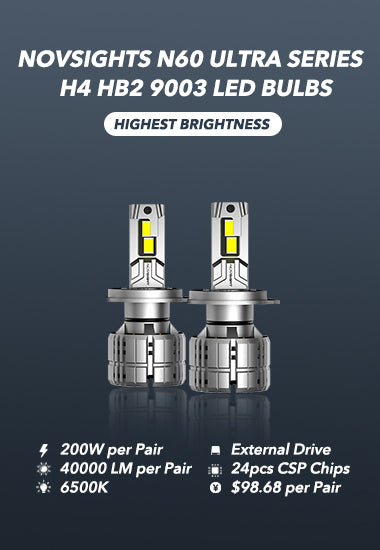N60 Ultra Series, H11 H9 H8 LED Bulbs Super Bright 200W 40000LM 6500K  White, 2 Bulbs, Novsight