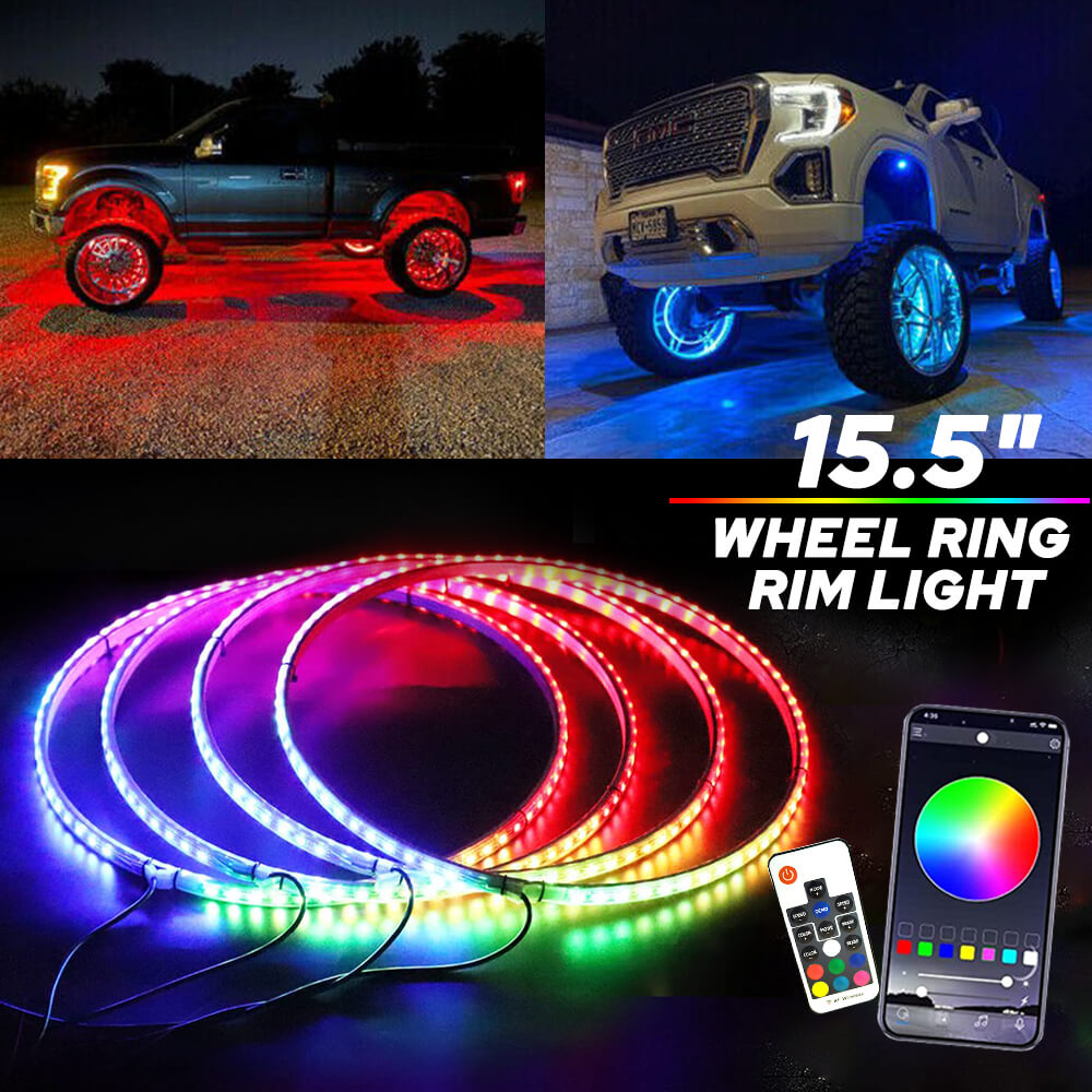  4*15.5 inch LED Wheel Ring Lights RGB Color Brake Chasing Turn Signal for Car Truck Vehicle (with APP+Remote Control)