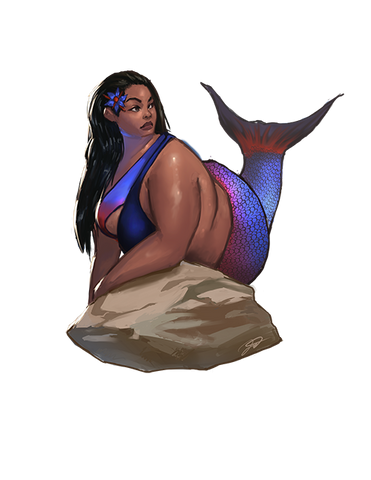 Fat POC Mermaid lounging on rock