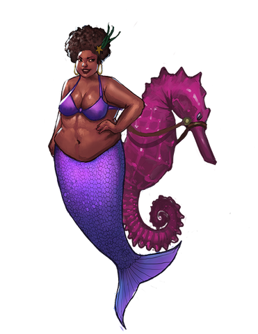 Lisette- Fat Black Mermaid with Natural hair and Seahorse, Tail is purple