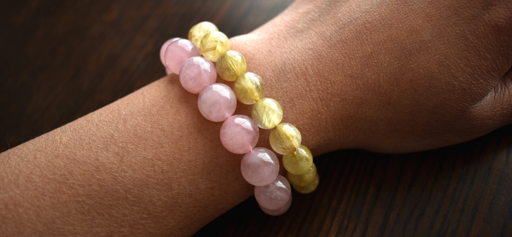 Malachite + Pink Opal Bracelet 8 mm Beads. Made in France
