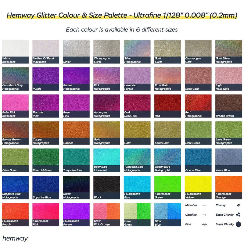 Colour palette for full range of eco friendly biodegradable glitter colours in ultrafine