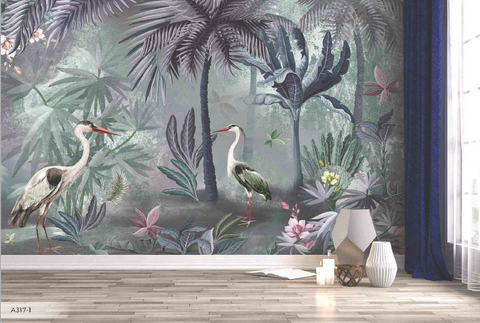 Crane Birds in Exotic Floral pattern