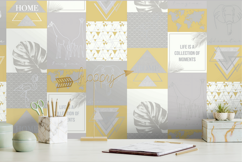 Collage Style Grey and Yellow wallpaper design