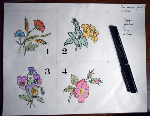 Four floral designs - poppy, rose, pansy, and briar rose sketched on paper in color.