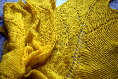 Handspun leaf shawl, now dyed in bright yellow