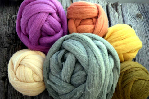 A rainbow of wool dyed with locally-sourced, sustainably-foraged plants and fungi. Colors include blue-green, a surprisingly vibrant purple, coral, yellow, olive, and cream.