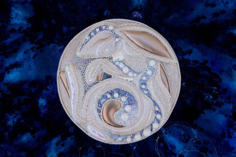 Rabbit worked into the surface of a silver moon on dark blue silk; worked in an art noveau style and richly ornamented with silver threads, beads, and silk ribbons.