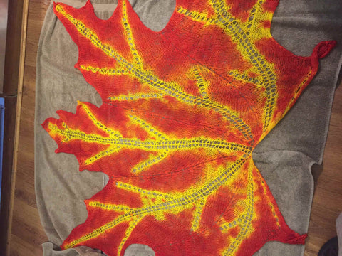 Handspun leaf shawl, now dyed red with yellow veins, rather garishly