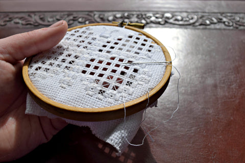 hardanger embroidery worked in a small hoop