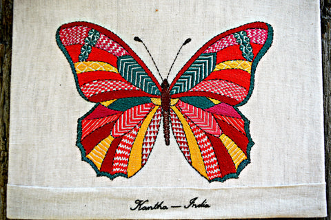 Embroidered butterfly worked in bright colors and kantha embroidery