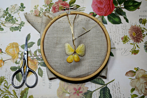 stumpwork butterfly wings in progress on linen