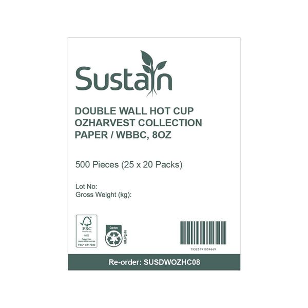 Sustain Disposable Cups Aqueous Hot Cup Double Wall 8oz