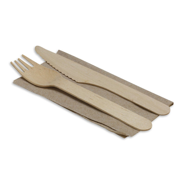 Biopak Bags & Takeaway BioCutlery Pack Knife, Fork and Napkin Wood 16cm