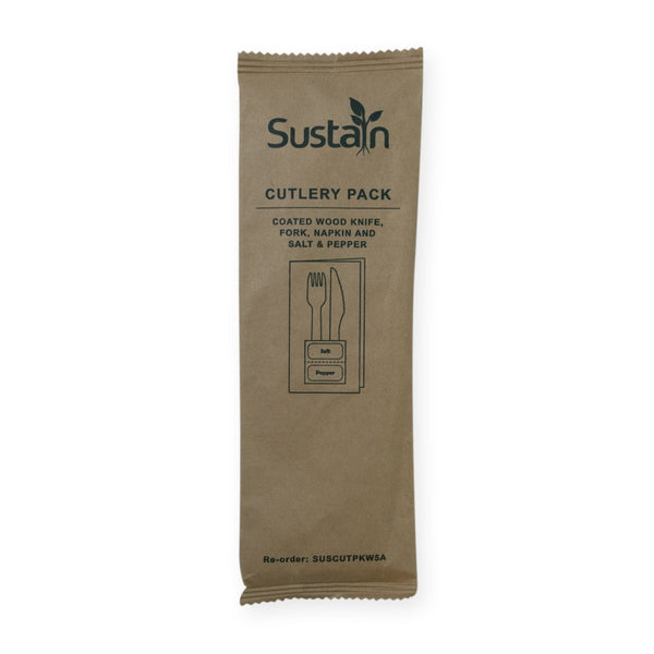 Sustain Bags & Takeaway Natural Sustain Wooden Cutlery Pack with Fork, Knife, Napkin, Salt, Pepper