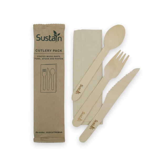 Sustain Bags & Takeaway Natural Sustain Wooden Cutlery Pack with Fork, Knife, Spoon, Napkin