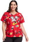 Cherokee Scrubs Top Cherokee V-Neck Print Top in Mickey Holiday Cheer