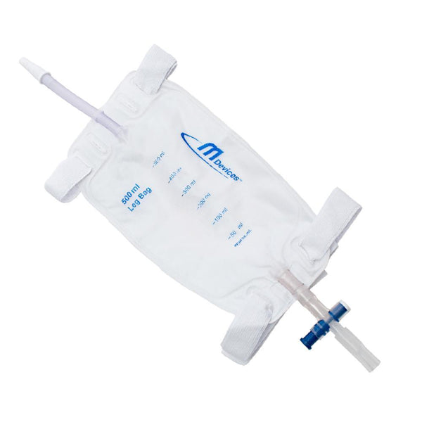 MDevices Drainage Bags 500mL / 10cm Short Tube / Sterile MDevices Leg Bag - T-TAP Non-Return Valve with Bonded Step Connector and Silicone Straps