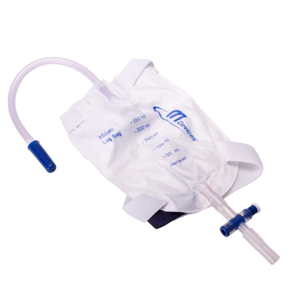 MDevices Drainage Bags 350mL / 30cm Long Tube / Sterile MDevices Leg Bag - T-TAP Non-Return Valve with Bonded Step Connector and Silicone Straps
