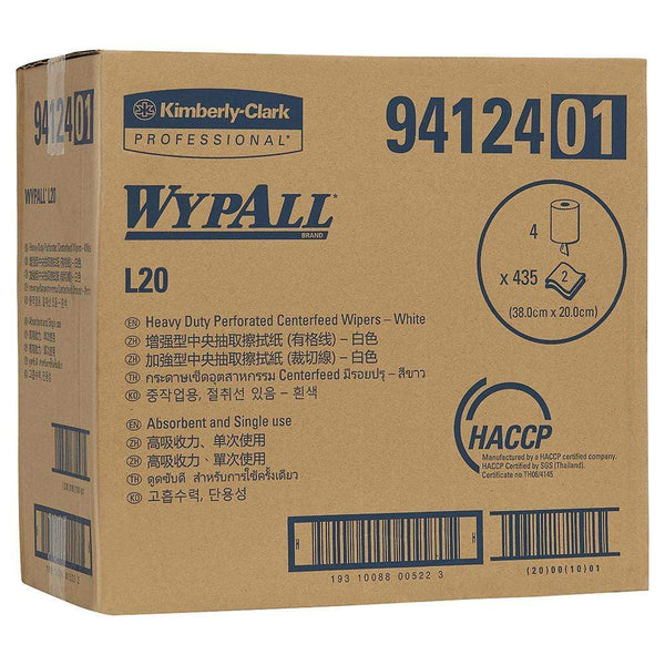 Wypall Wipers Single Use Heavy Duty (Perorated) / 20cm x 165 Metres/Roll WYPALL Single Use Wipers L20 Heavy Duty Centrefeed Wipers