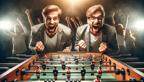 A scene of two players playing foosball with excitement and passion