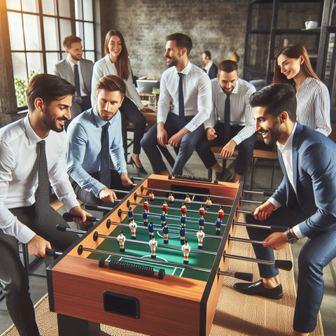 Foosball in the Workplace A modern office scene with employees gathered around a foosball table