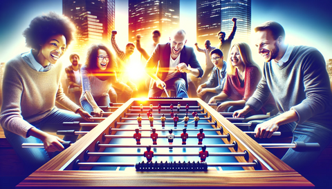 diverse group of people enjoying a game of foosball, emphasizing its role as a social catalyst
