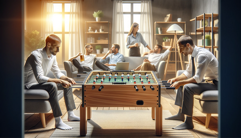 relaxed foosball game setting, highlighting the game's role in stress relief and physical activity