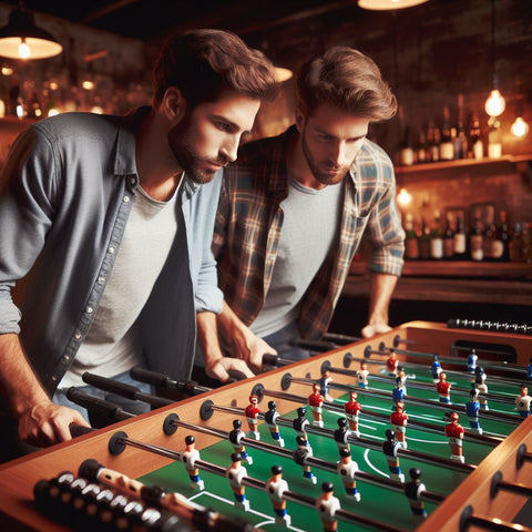 two players playing foosball table in a bar setting