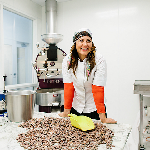 A photo of founder and chocolatier, Katrina Markoff in the Vosges Haut-Chocolat kitchen